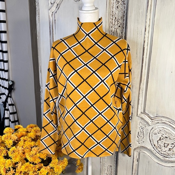 Tahari Mustard and Black Plaid Mock Turtleneck Long Sleeve Sweater NWOT - Picture 1 of 13
